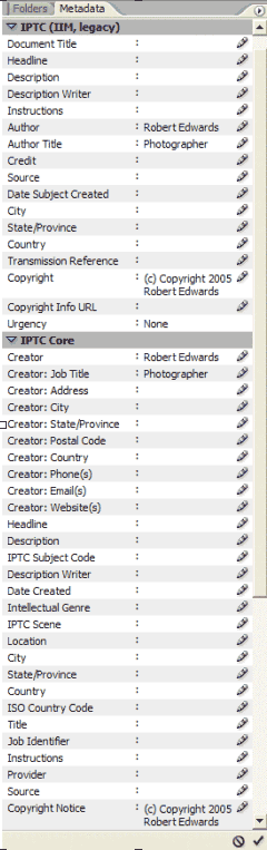 Adobe Bridge displaying IPTC. Note it can show both the IIM and IPTC Core fields.