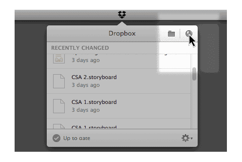 2. When Dropbox is synced I open the web interface by clicking on the globe icon